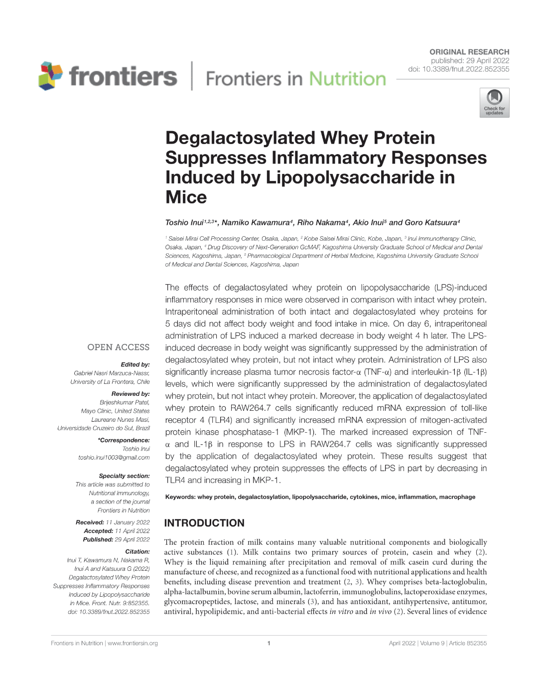 Degalactosylated Whey Protein Suppresses Inflammatory Responses Induced by Lipopolysaccharide in Mice