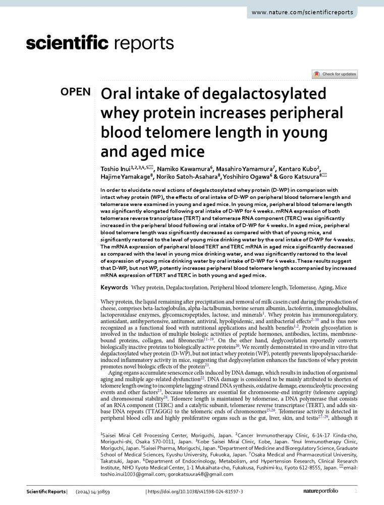 Oral intake of degalactosylated whey protein increases peripheral blood telomere length in young and aged mice