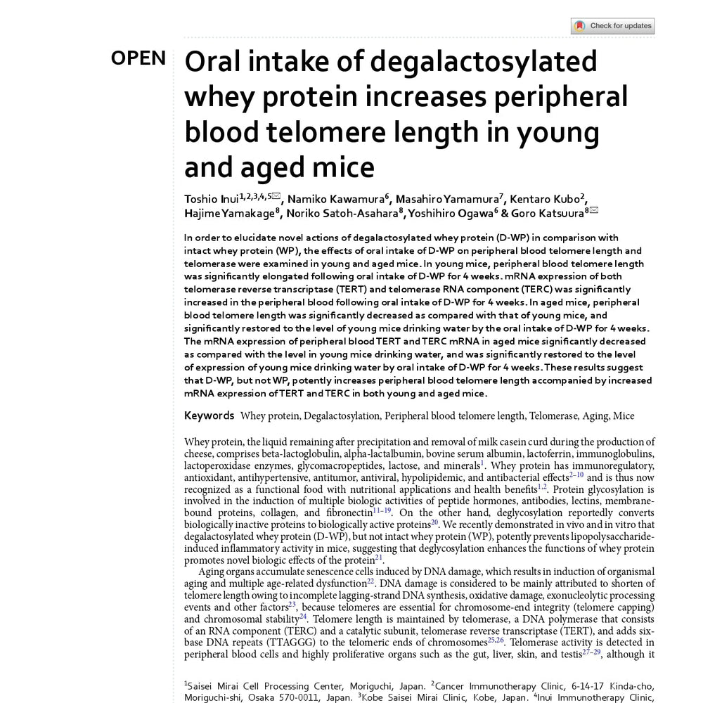 Oral intake of degalactosylated whey protein increases peripheral blood telomere length in young and aged mice