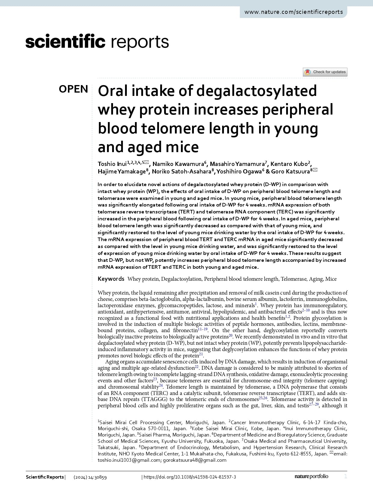 Oral intake of degalactosylated whey protein increases peripheral blood telomere length in young and aged mice